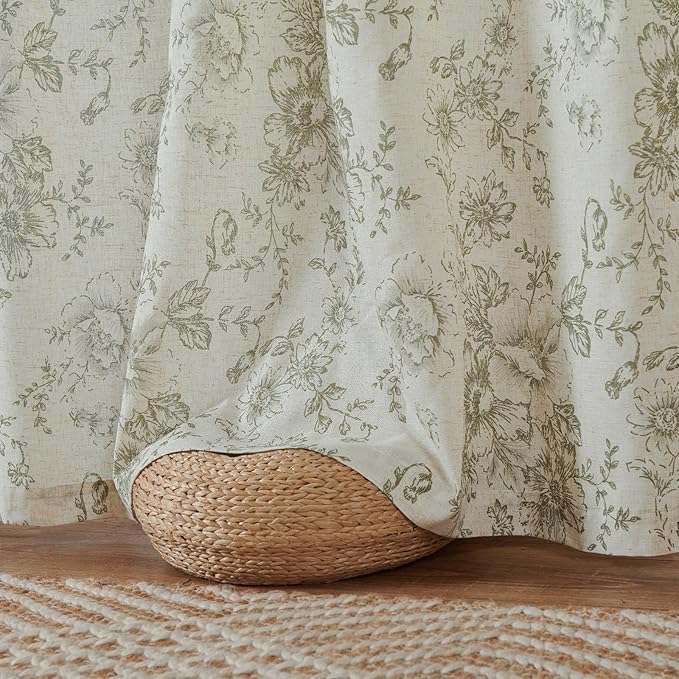 jinchan Linen Blend Floral Curtains for Living Room 108 Inches Extra Long Farmhouse Printed Curtain Back Tab Green Peony Flower Patterned Drapes Bedroom Window Curtains Set 2 Panels
