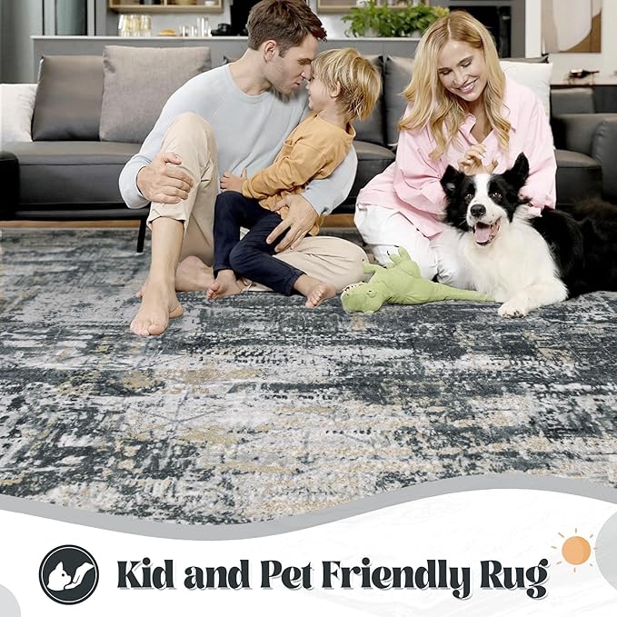 XLUEZ 6x9 Area Rugs for Living Room, Washable Modern Abstract Large Area Rug Neutral Soft Non Slip Kids Rug Stain Resistant Indoor Carpet for Bedroom Nursery Dining Room Playroom(BlackGreyGold,6'x9')