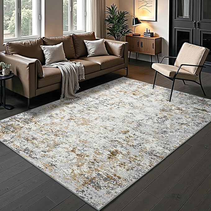 Toneed Abstract Area Rug Modern Washable Rug Soft Non Slip Rug Low Pile for Bedroom Living Room Dining Room Brown/Grey 4x6 Feet