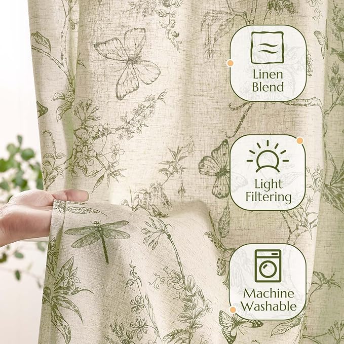 jinchan Floral Curtains Lined Linen Blend Curtain for Living Room 63 Inch Length Sage Green Farmhouse Flower Patterned Curtain French Country Curtains Drapes Back Tab Rod Pocket 2 Panels