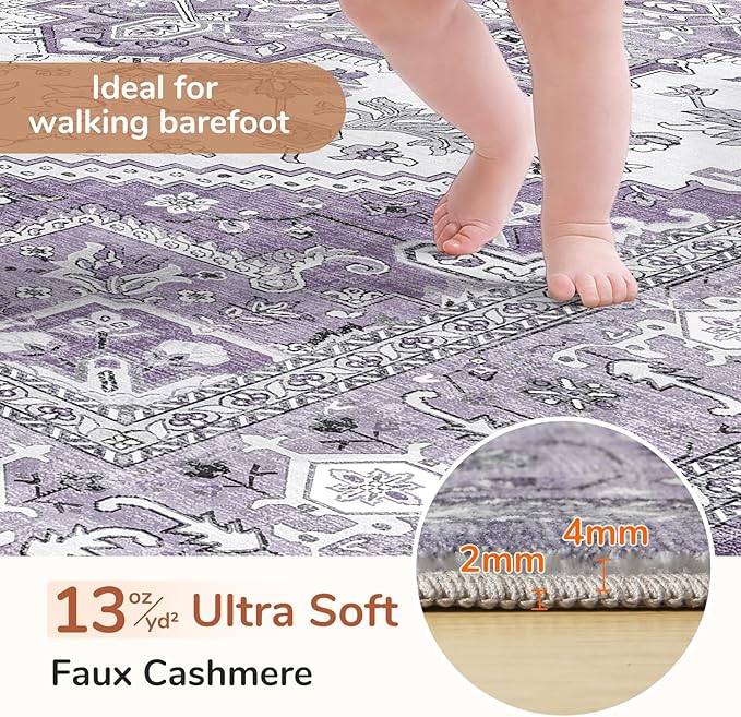 OPPODREAM Soft Area Rugs 4x6, Low-Pile Washable Rugs 4x6 with Non Slip Backing, Faux Cashmere 4 x 6 Throw Carpet, Purple