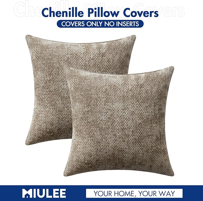 MIULEE Pack of 2 Couch Throw Pillow Covers 20x20 Inch Neutral Khaki Modern Boho Accent Decorative Pillow Covers Soft Chenille Farmhouse Cushion Covers for Home Decor Bed Sofa Living Room