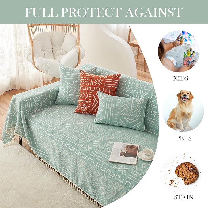 HANDONTIME Farmhouse Couch Cover Tassel Light Green Sofa Covers for Dogs Boho Décor Geometric Aztec Couch Cushion Cover Sofa Protector Cover Sectional Couch Covers for 3 Cushion Couch, 71" X134"