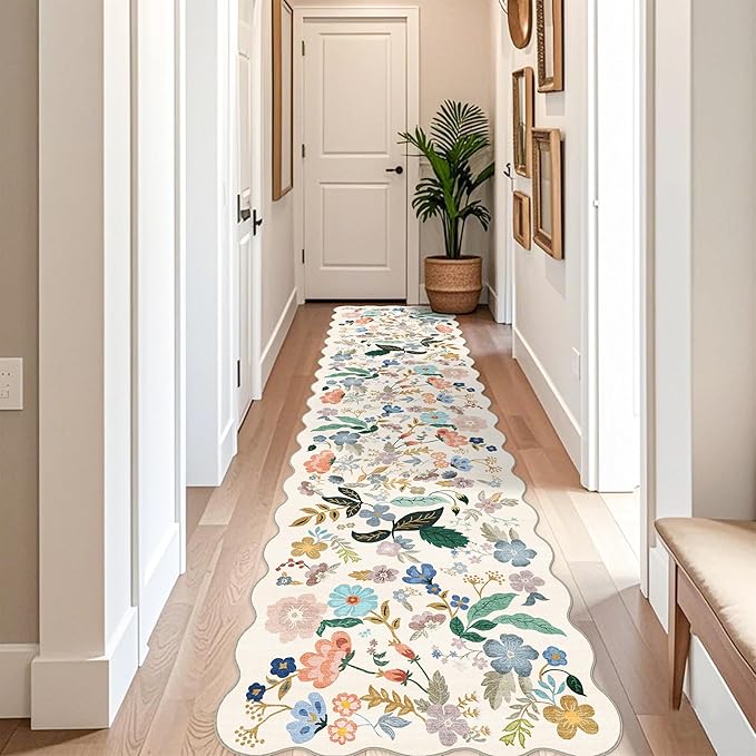 Washable 3x12 Hallway Runner Rug: Soft Floral Scalloped Runners for Entryway Kitchen Nursery Non Slip Bathroom Laundry Floor Mat Water Resistant Light Weight Carpet for Living Room Bedroom(3x12,Cream)