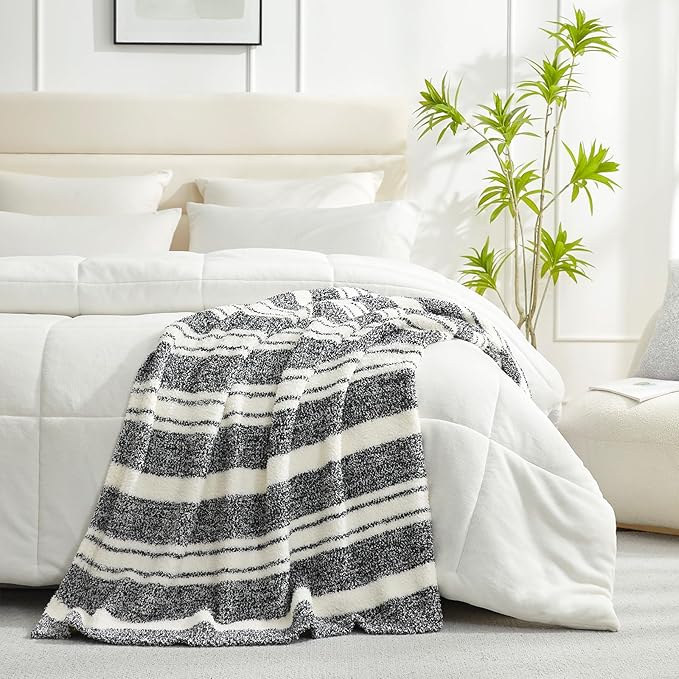 Snuggle Sac Heather Throw Blanket for Couch, Reversible Super Soft Blankets Warm Cozy Knit Fuzzy Plush Lightweight for Sofa, Bed, Camping, Picnic (Stripe Black, Throw(50"x 60"))