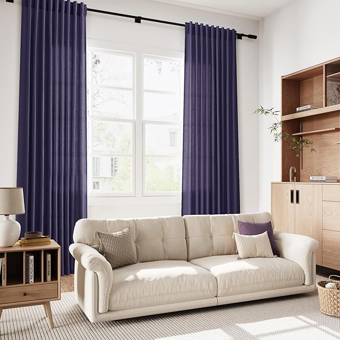 Extra Long Curtain Purple Morden Linen Blend Light Filtering Back Tab Curtains for Long Winodws 120 Inches Length, Semi Sheer Privacy Drapes for Living Room, 52x120 inch, 2 Panels