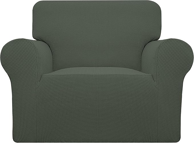 Easy-Going Stretch Chair Sofa Slipcover 1-Piece Couch Sofa Cover Furniture Protector Soft with Elastic Bottom for Kids, Pet. Spandex Jacquard Fabric Small Checks (Chair, Olive Green)