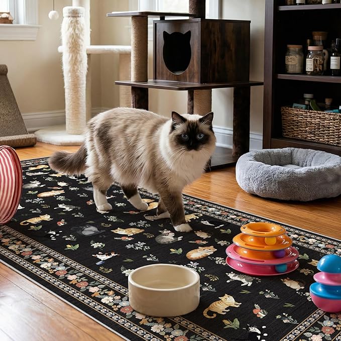 3x7 Washable Kitchen Runner Rug - Soft Low Pile Floral Animal Cat Print Rugs with Non-Slip Backing Waterproof Stain-Resistant Indoor Carpet for Hallway Entryway Bathroom Bedroom (Black)