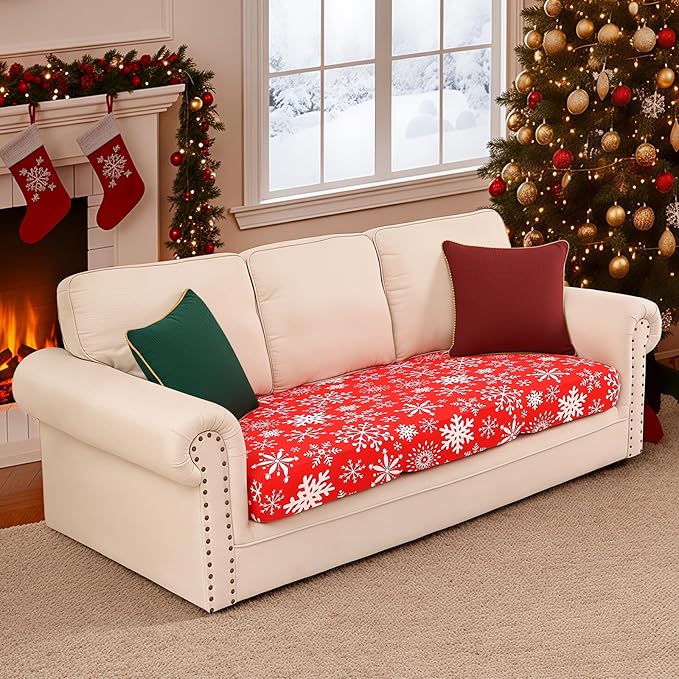 Smiry Printed Couch Cushion Covers, Stretch Soft Couch Covers for Sofa, Washable Non-Slip Sofa Slipcover Furniture Protector for Indoor and Outdoor (Large, Red with White)