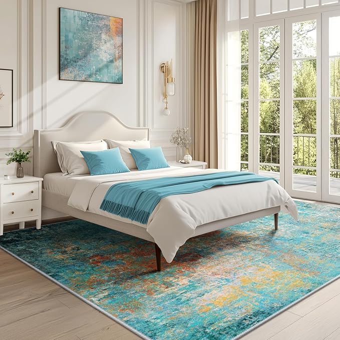 Washable Area Rugs 7'x9' Non-Slip Modern Abstract Soft for Living Room Entryway Bedroom Nursery, Print Pattern, Teal Blue Green Orange Rust Red Coloreful