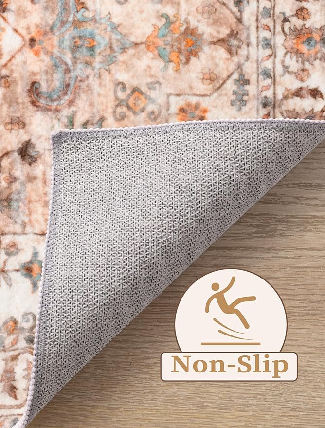 SERISSA Boho Washable Runner Rug, 2'6"x10' Long Non-Slip Vintage Peach Cream Hallway Kitchen Stair Runner Rug Ultra Soft Print Distressed Floor Carpet for Bedroom Bathroom Laundry Room