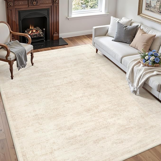 6x9 Area Rugs for Living Room: Vintage Boho Neutral Washable Rug Indoor Soft Large Area Rug Carpet for Bedroom Nursery Farmhouse Dining Room Office Floor Non-Slip Low Pile Under Table Rug Retro Beige