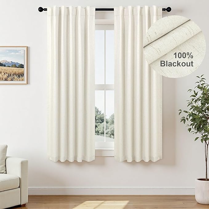 Pitalk Natural Linen Blackout Curtains 60 Inch Length 2 Panels Set 5FT 5 FT Long for Bedroom Living Room Cream Ivory Black Out Window Drapes Thermal Insulated Burlap Decor 42 x 60 Inches Long Back Tab
