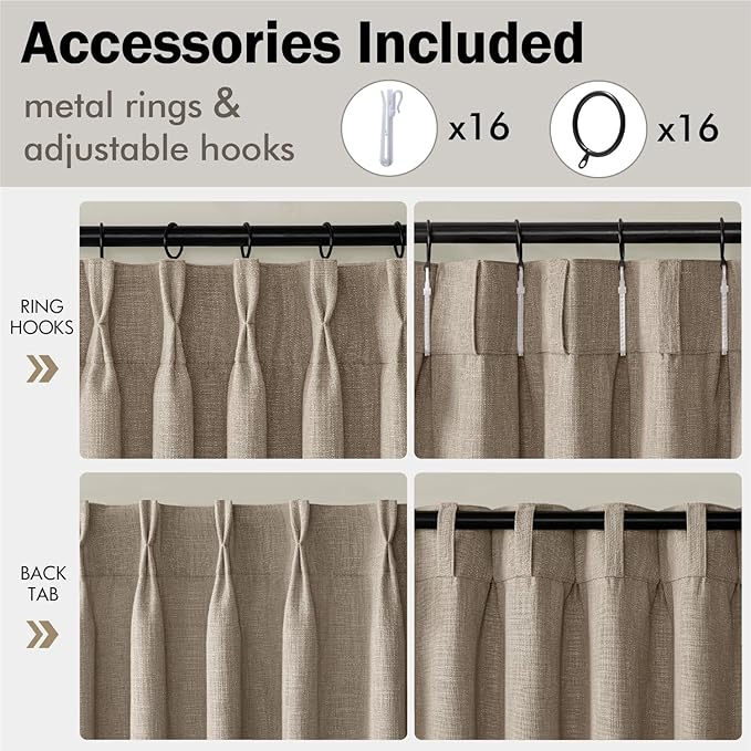 MIULEE Pinch Pleated Thick Linen Curtains 96 Inches Long 2 Panels for Living Room Bedroom, Memory Trained Pleat Drapes Light Filtering Grey Beige Semi Sheer Window Curtains Hooks Rings Back Tab