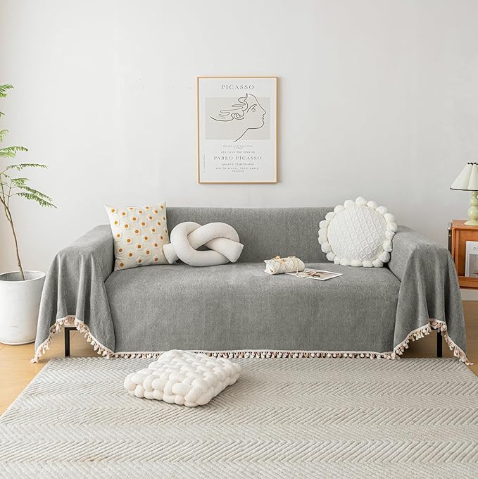 HANDONTIME Couch Slipcovers for Sofas Dark Grey Couch Cover Sofa Cover for Dogs Boho Pet Couch Protector with Tassel Chenille Herringbone Couch Cover for 2 3 Seat Washable Pet Friendly, 91" X134"