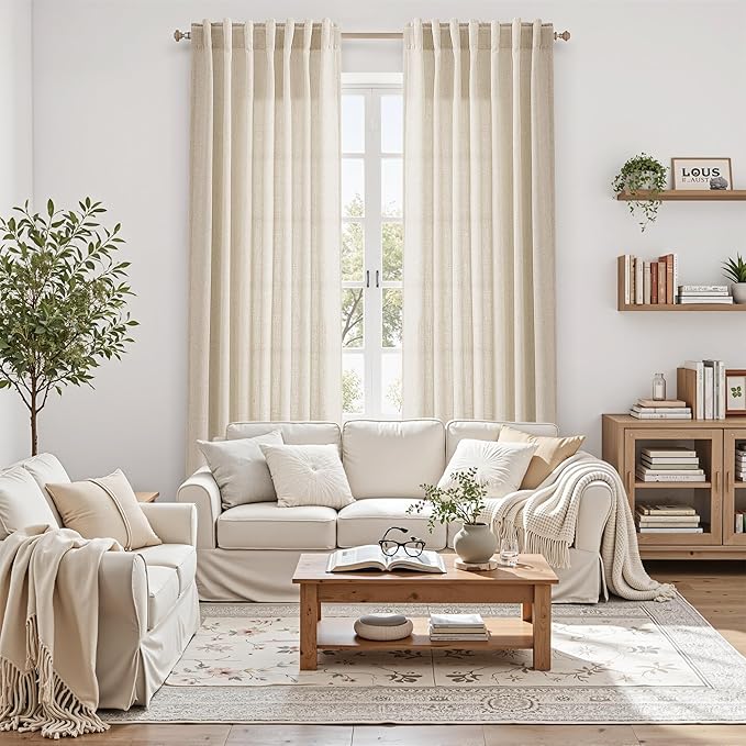 Cream Beige Linen Curtains for Living Room 126 Inches Long Light Filtering Semi Sheer Curtain Back Tab Modern Farmhouse Decor Elegant Drapes Floor to Ceiling High Window for Bedroom 52x126, 2 Panels