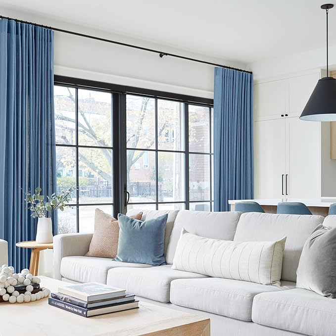 Denim Blue Curtains for Living Room Back Tab Modern Farmhouse Semi Sheer Blue Curtains 132 inches Long 2 Panels Set Muted Neutral Window Curtain for Dining Room Bedroom 52x132