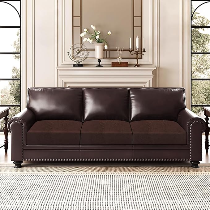 Leather Look Couch Cushion Covers Sofa Seat Slipcovers Sets Couches Furniture Protector for Sectional Armchair Loveseat Pets Kids Stretch Spandex Fabric (3 Cushion Sofa, Chocolate)