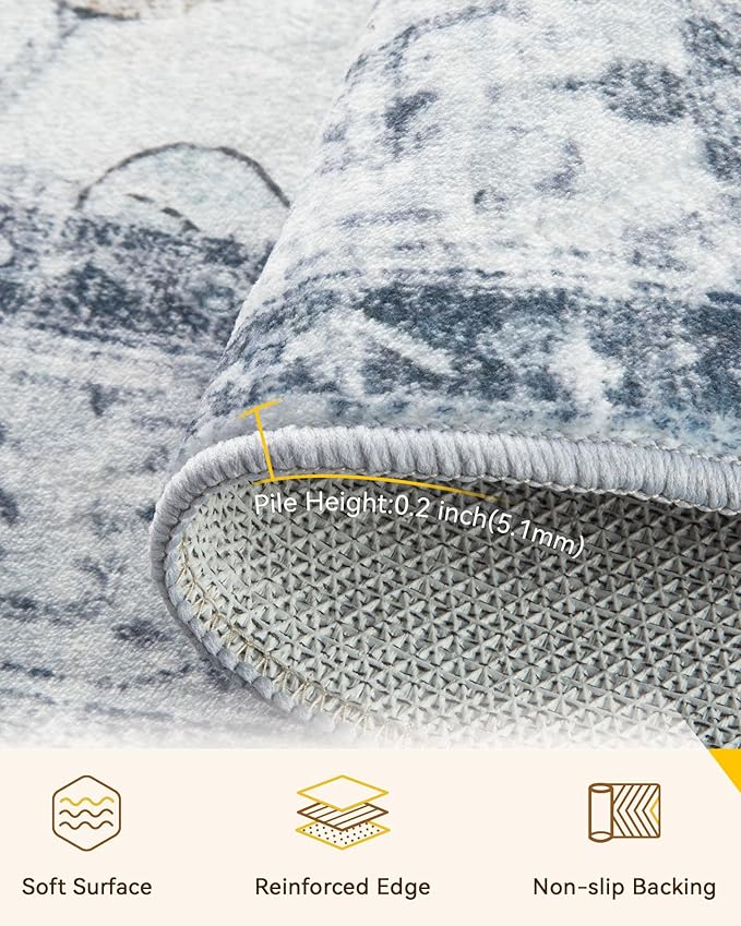 Area Rugs 6ft Washable Non-Slip, Floral Vintage Distress Print Pattern Medallion Carpet for Living Room Bedroom Dining Room, Light Gray Grey White