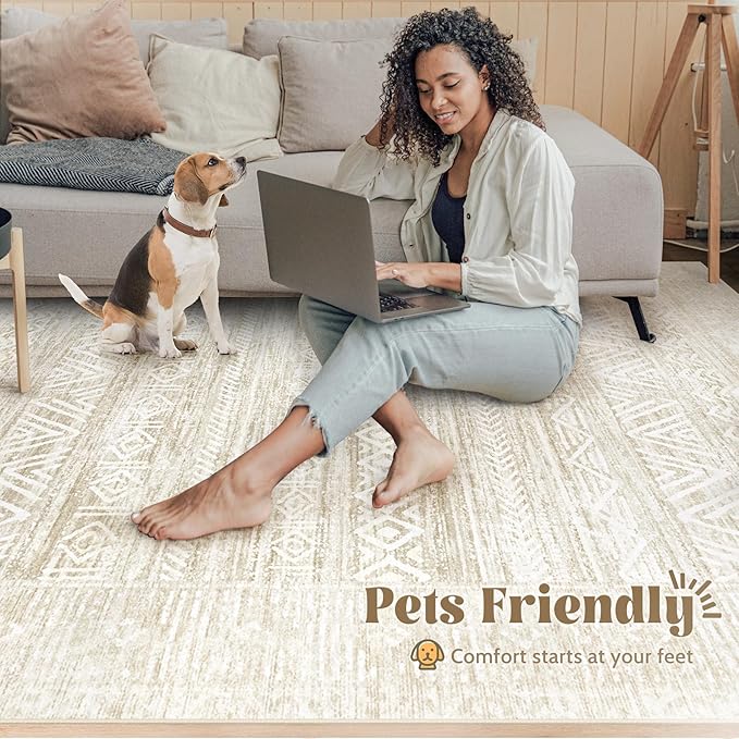 6x9 Area Rugs for Living Room: Washable Moroccan Geometric Boho Rug Farmhouse Non Slip Stain Resistant Large Rug Low Pile Soft Carpet for Bedroom Dining Room Home Office Kids Room (Ivory Beige,6'x9')