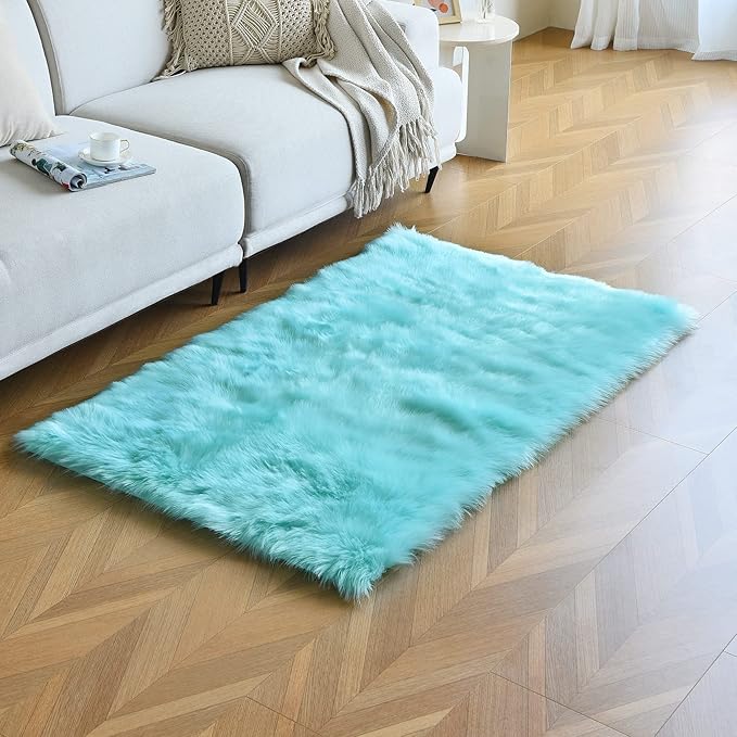 duduta Turquoise Blue Faux Sheepskin Fur Rug 3x5 ft, Fluffy Shag Bedroom Dorm Nursery Playroom Carpet Rug Non Slip Washable