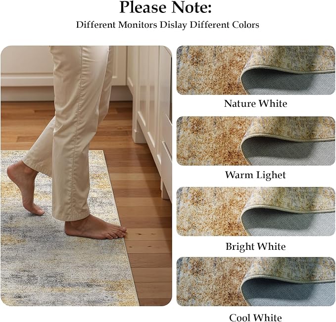 2'6''x12' Washable Kitchen Runner Rug: Modern Abstract Runners for Hallway Soft Non Slip Rugs with Rubber Backing Low Pile Thin Floor Carpet for Entryway Bedroom Bathroom Indoor(Grey/Yellow,2'6''x12')