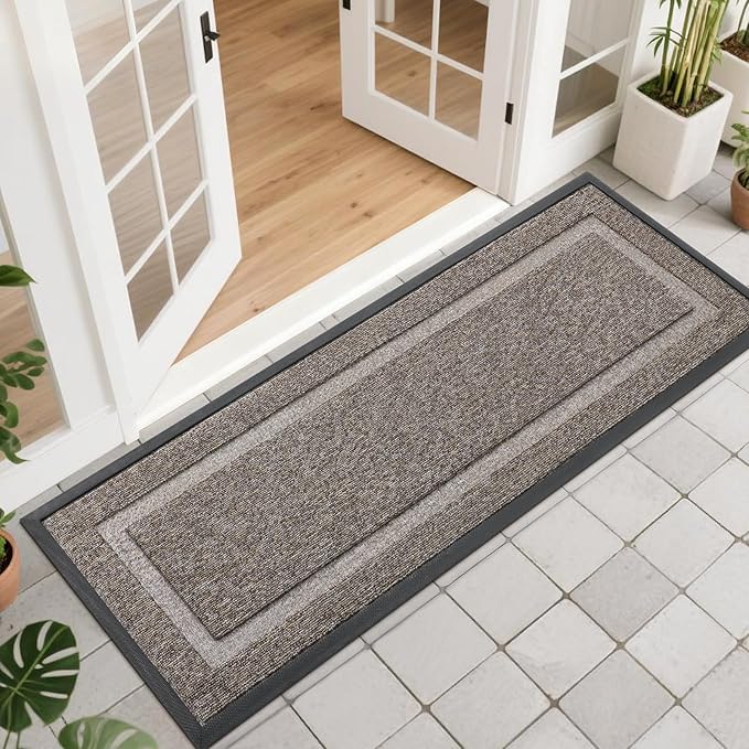 OLANLY Front Door Mat Indoor Outdoor Entrance, Waterproof All-Season, All-Weather Doormat, Sturdy Natural Rubber, Low Profile, Easy Clean Patio Porch Entryway Mat, 47x17, Khaki and White