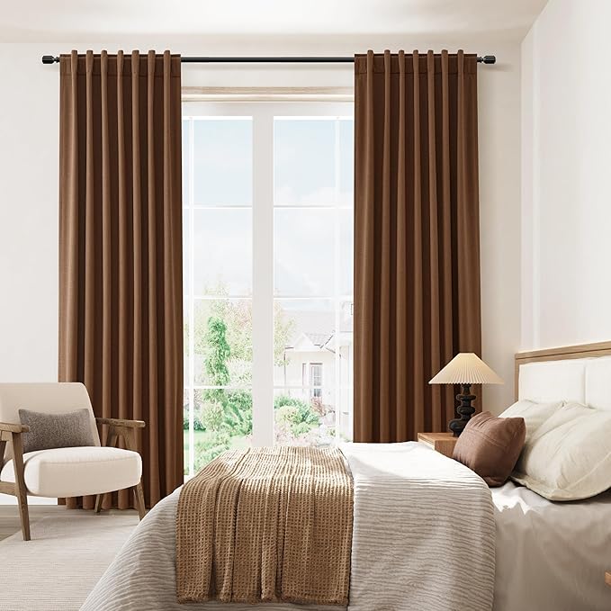 Guken Caramel Brown 100% Blackout Linen Curtains 120 Inch Length 2 Panels Set for Living Room Bedroom Back Tab/Rod Pocket Thermal Insulated Black Out Drapes Room Darkening Farmhouse Window Curtains