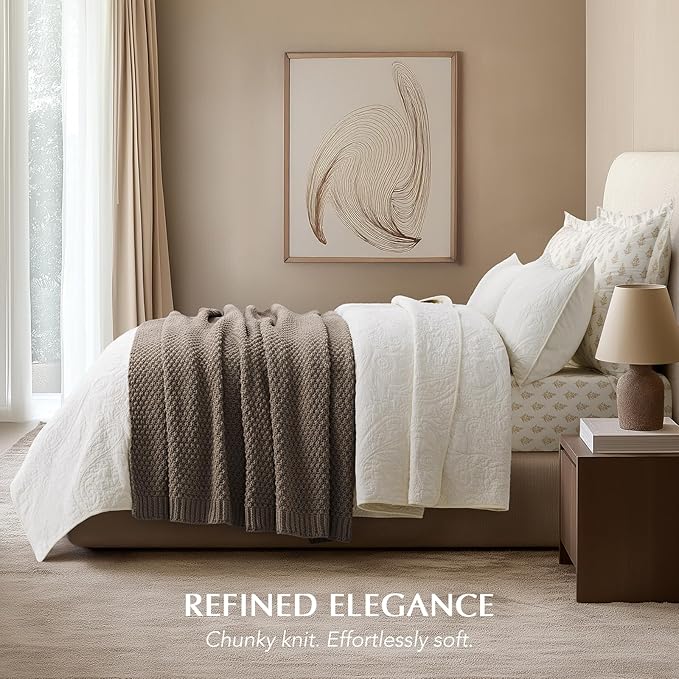 EVERGRACEHOME Chunky Chenille Knit Throw Blanket for Couch, Soft Luxurious Moss Stitch Blankets for Bed, Cozy Decorative Farmhouse Knitted Throws for Sofa, Mocha Brown, 60" x 80"