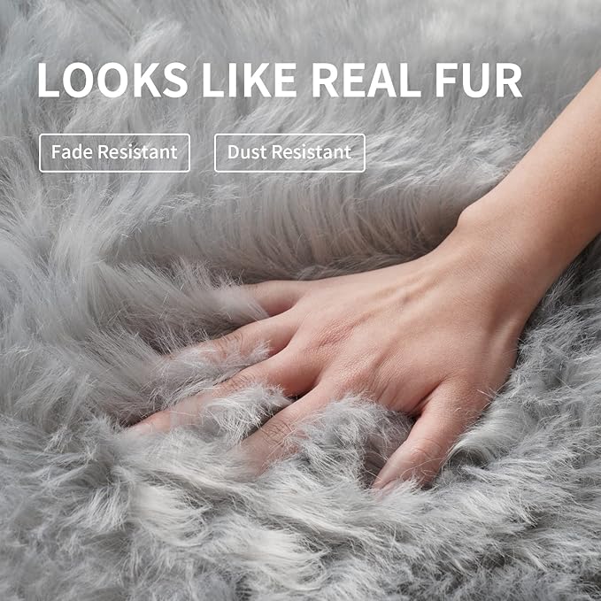 Faux Fur Rug Sofa Chairs Cover, Grey Small Rug for Bedroom, 2X3 Shaggy Furry Rugs for Kids Room, Shag Fluffy Rugs for Nursery Room, Soft Fuzzy Plush Carpet, Cute Floor Dorm Decor