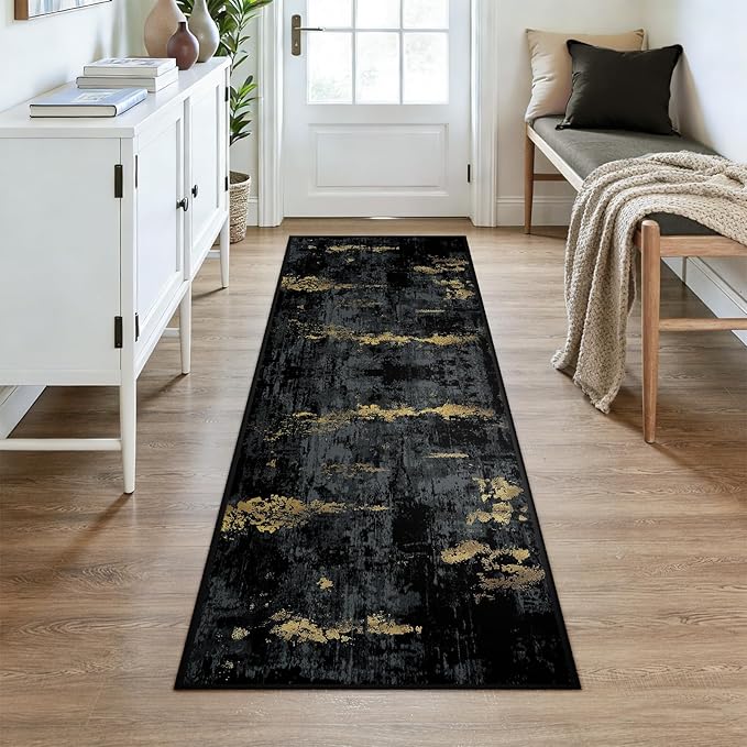 Washable Area Rugs 3x7 Non-Slip Modern Abstract Soft for Living Room Entryway Bedroom Nursery, Print Pattern, Dark Black Gold
