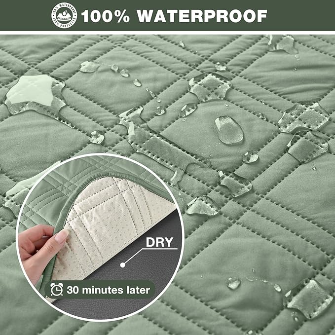 TAOCOCO 100% Waterproof Recliner Sofa Cover, Non Slip Split Couch Covers for Reclining Couches with Straps, Washable Reclining Sofa Cover Furniture Protector for Kids Pets(3 Seater, Sage Green)