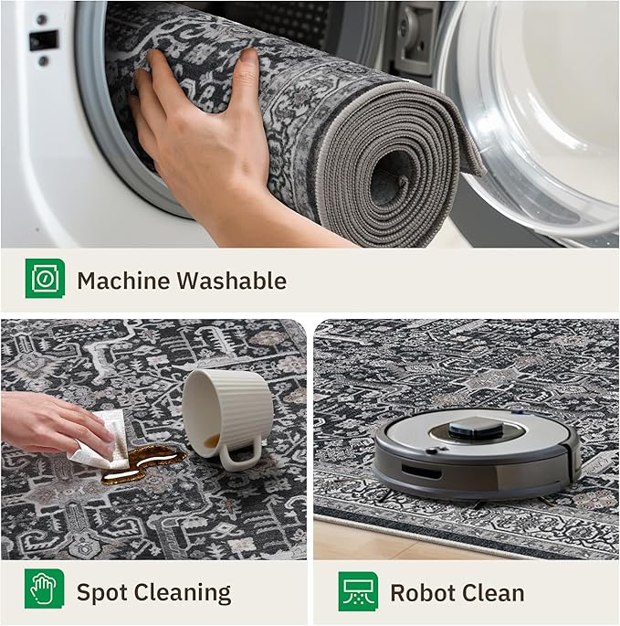 Washable 2x3 Entryway Area Rug - Small Non Slip Vintage Kitchen Runner Rugs Indoor Entrance Soft Neutral Stain Resistant Bathroom Mat Farmhouse Carpet for Bedroom Living Room Entry Laundry 2'x3' Black