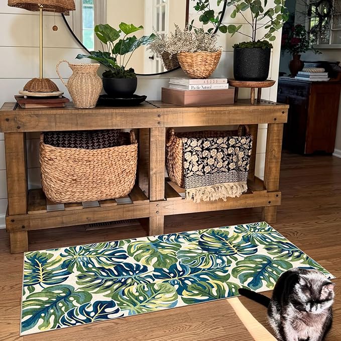 Front Door Mat Indoor Entrance - 2x4.3 Ft Spring Washable Layered Doormat Outdoor Entrance Porch Rug Non-Slip Botanical Green Blue Leaf Runner Rug for Kitchen Bedroom Laundry Room Porch Decor