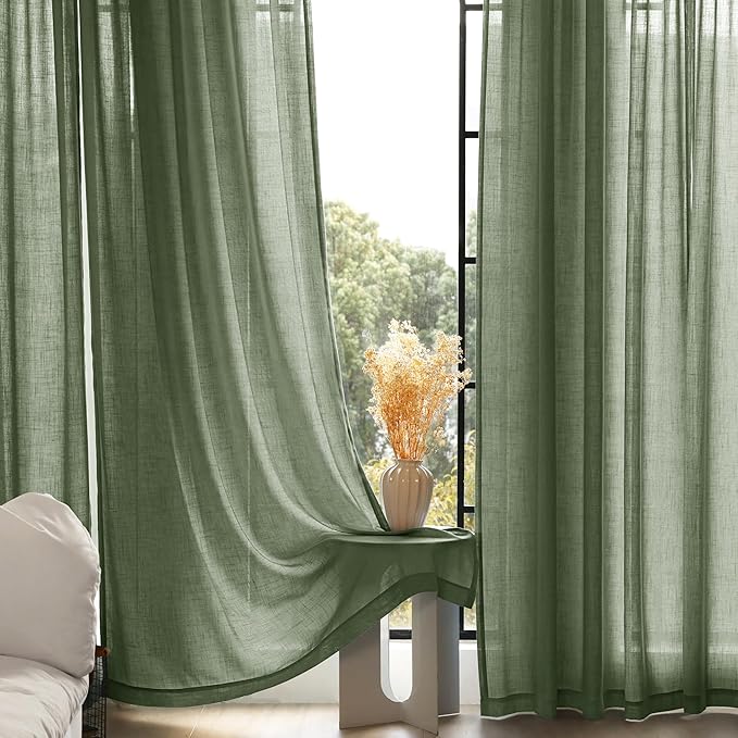 Olive Green Curtains 120 inch Length 2 Panels for Bedroom Back Tab Light Filtering Semi Sheer Drapes Linen Cotton Textured Airy Modern Farmhouse Living Room Sage Aesthetic Decor 52x120