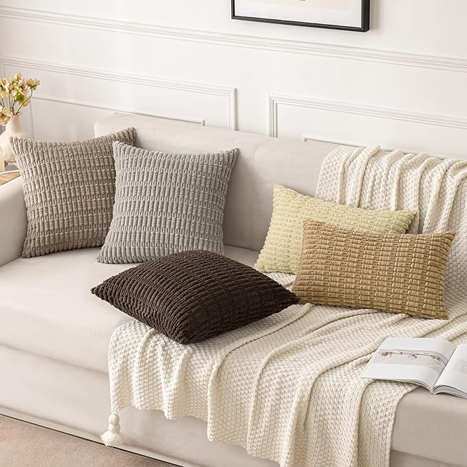 MIULEE Pack of 2 Corduroy Decorative Euro Sham Throw Pillow Covers 24x24 Inch Soft Boho Striped Pillow Covers Modern Farmhouse Home Decor for Sofa Living Room Couch Bed Light Brown
