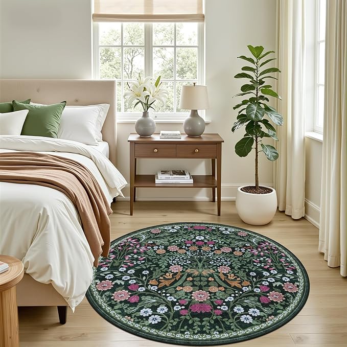 Round Area Rug for Living Room: 4 ft Floral Washable Circle Rug Soft Boho Non-Slip Carpet Indoor Stain Resistant Low Pile Small Circular Rug for Bedroom Entryway Kitchen Nursery Home Office Dark Green