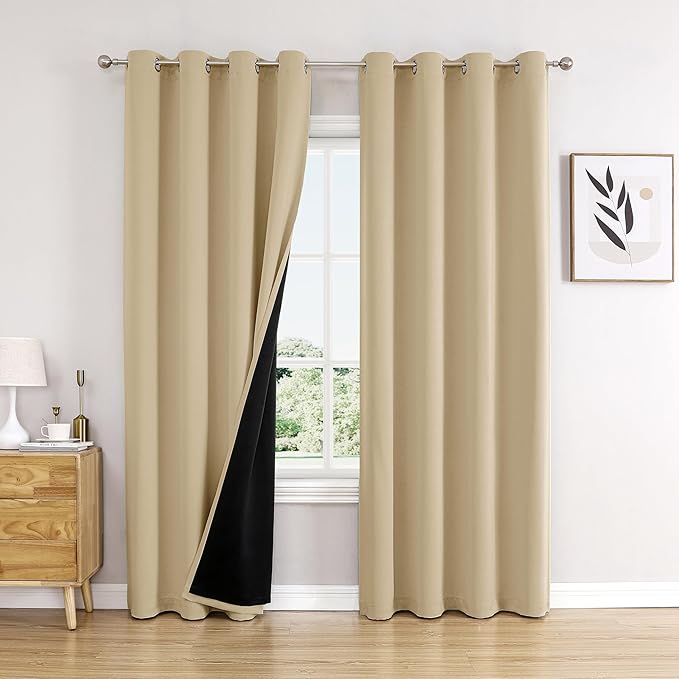 ChrisDowa 100% Blackout Curtains for Bedroom with Black Liner, 2 Thick Layers Total Blackout Thermal Insulated Grommet Long Window Curtains 2 Panels Set (Beige, 52 x 95 Inch)