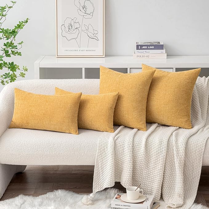 MIULEE Pack of 2 Couch Throw Pillow Covers 18x18 Inch Soft Beige Yellow Chenille Pillow Covers for Sofa Living Room Spring Home Decor Couch Solid Dyed Cases