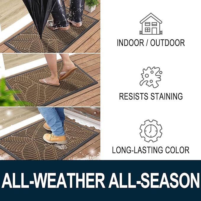 Colorxy Waterproof Doormat, Sturdy Natural Rubber Front Indoor Mat, Non Slip Low Profile Outdoor Door Mat, Stain and Fade Resistant Floor Mats, Easy Clean Patio Entry Mat, 48''x32'', Light Brown