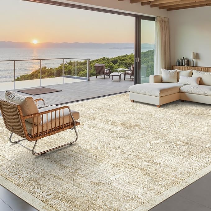 Washable Area Rug 10x14, Large Soft Rugs for Living Room Vintage Beige Rug 10x14 Area Rugs for Bedroom Dining Room Floral Non-Slip Thin Rug