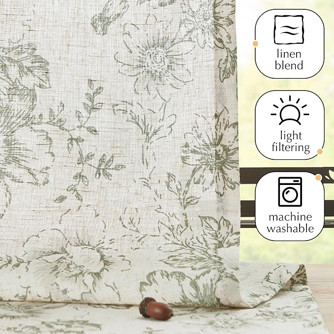 jinchan Pinch Pleated Curtains Floral Linen Blend Curtains for Living Room 84 Inches Length Green Peony Flower Printed Curtain Rod Pocket Back Tab Farmhouse Drapes with Hooks Set 2 Panels