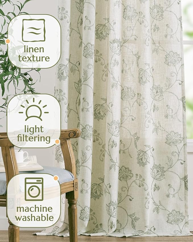 jinchan Linen Curtains Floral Curtain 84 Inch Length for Living Room Bedroom Light Filtering Rod Pocket Back Tab Jacobean Curtains Flax Linen Texture Window Drapes Set 2 Panels Green on Linen
