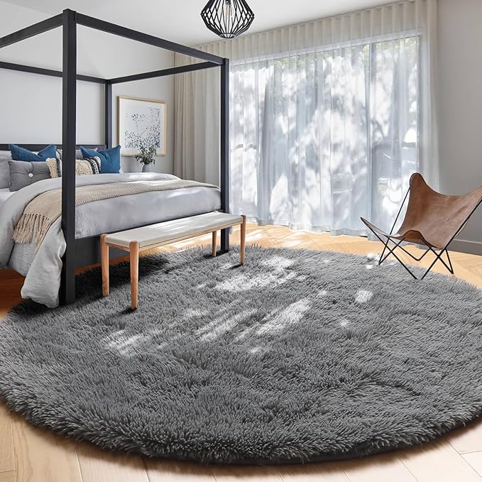 Amdrebio Grey Round Rugs 6Ft for Bedroom Living Room Decor, Fluffy Shaggy Circle Area Rug for Kids Room Classroom Playroom, Large Furry Floor Circular Gray Carpet for Teen Girls Boys Nursery Dorm