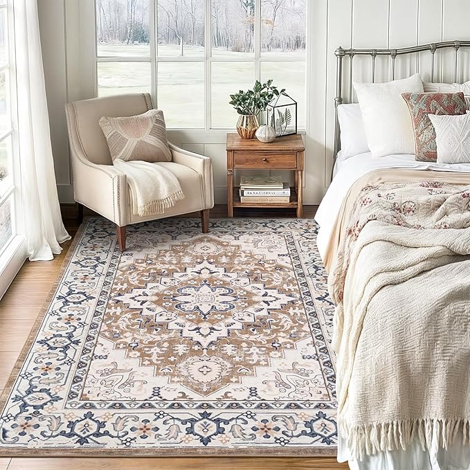 Lofus 4x6 Area Rugs for Living Room, Washable Area Rug, Rugs for Bedroom, Kitchen, Vintage Boho Carpet, Soft Non-Slip, Low Pile Large Area Rug for Office Dining Room, Floral Brown