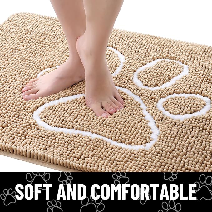 Smiry Dog Door Mat for Muddy Paws, Absorbent Dirt Trapper Non Slip Quick Dry Washable Chenille Mat for Mud Dogs, Entry Rug for Indoor and Outdoor (59x24 Inches, Beige and White)