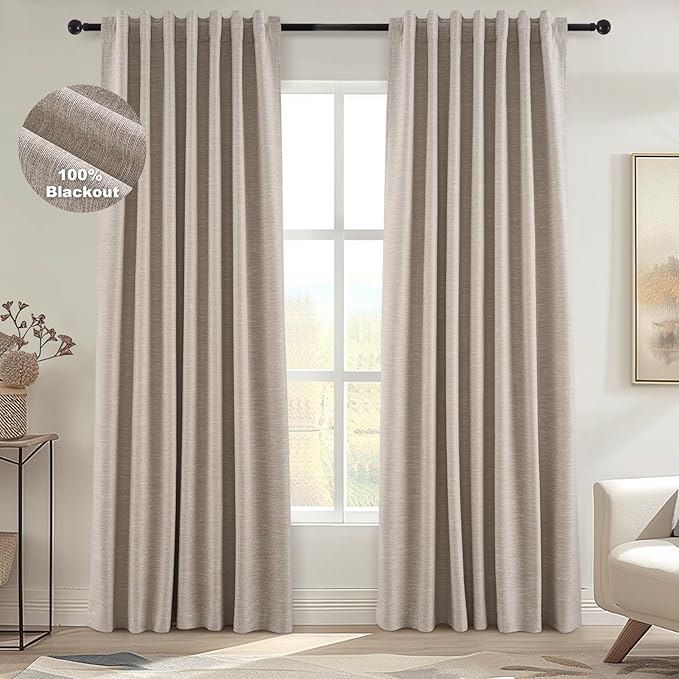 Topfinel 92 Inches Long Taupe Farmhouse Tweed Custom Black Out Drapery Panels, Rustic Country Faux Textured Opaque Pleated Window Coverings, Kids Cream Boho Heat Blocking Tab Top Curtains