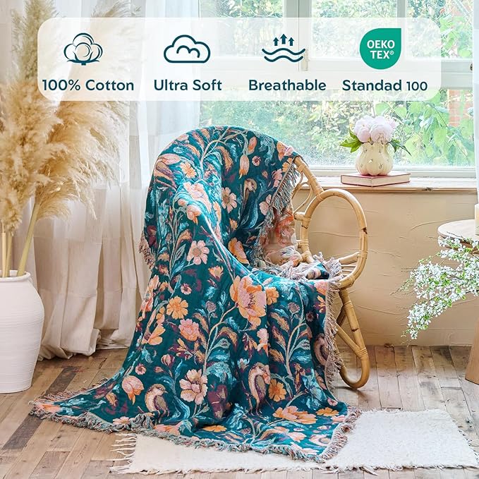 MSGKV Boho Throw Blanket for Bed 60"x80" Cotton Birds Floral Twin Size Couch Blanket Muslin Spring Breathable All Seasons Lightweight Farmhouse Blankets