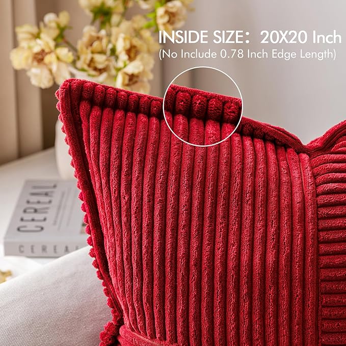 MIULEE Decorative Throw Pillow Covers for Couch Bed Livingroom 20x20 Inch Set of 2 Red Boho Accent Throw Pllows Broadside Striped Patchwork Soft Corduroy Pillowcases