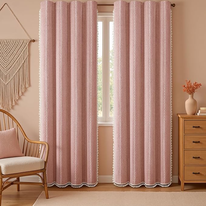 Coral Curtains Boho Blackout Curtains 2 Panels 84 Inch for Living Room Bedroom, Linen Texture Farmhouse Curtains with Tassels and White Cotton Embroidery Vintage Rustic Country Western